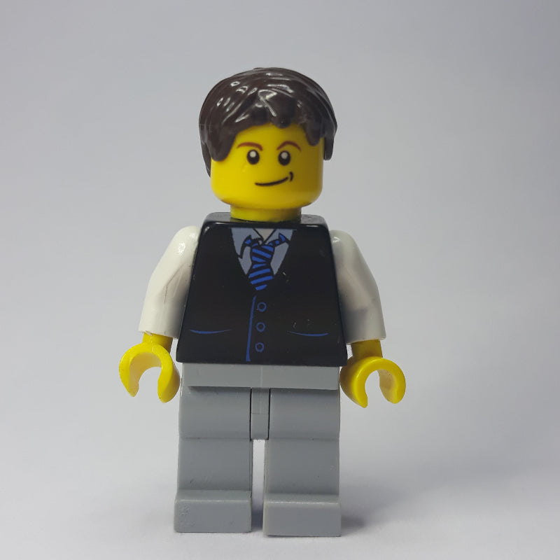 fig-009450 – Man, Black Vest and Tie, Light Bluish Gray Legs, Dark Brown Hair