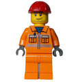 fig-009452 – Construction Worker, Orange Jacket with Zipper and Reflective Stripes, Orange Legs, Red Hard Hat, Stubble
