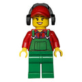 fig-009453 – Woman, Green Overalls over Red Paid Shirt, Red Cap with Ear Defenders