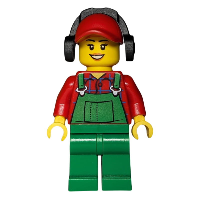 fig-009453 – Woman, Green Overalls over Red Paid Shirt, Red Cap with Ear Defenders