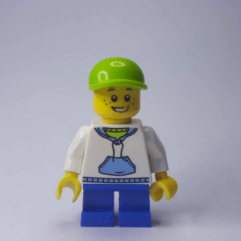 fig-009455 – Boy, White and Blue Hoodie, Short Blue Legs, Lime Cap (3626c Head)