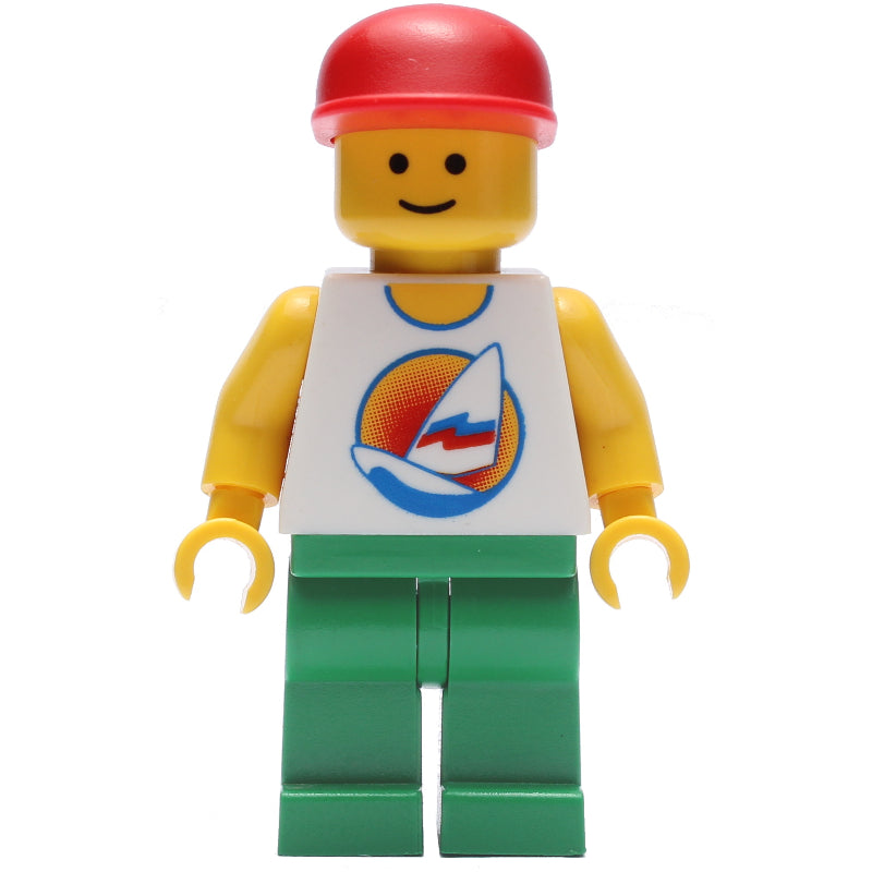 fig-009495 – White Torso with Surfboard, Green Legs, Red Cap (3626c Head)
