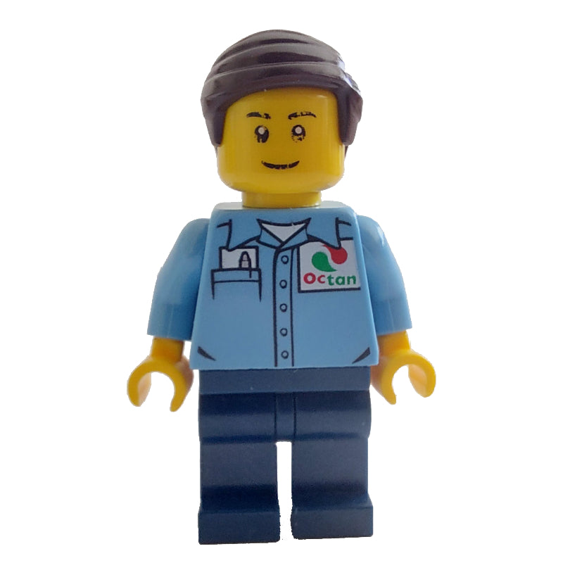 fig-009542 – Man, Medium Blue Shirt with Octan Logo, Dark Blue Legs, Dark Brown Hair