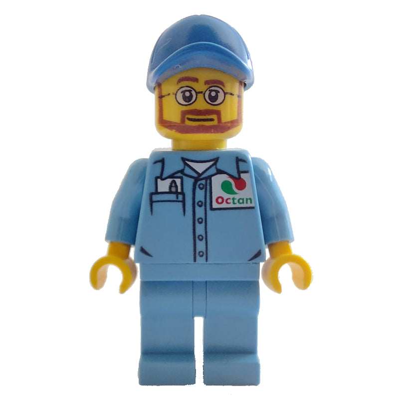 fig-009543 – Man, Medium Blue Shirt with Octan Logo, Medium Blue Legs, Blue Cap, Beard and Glasses