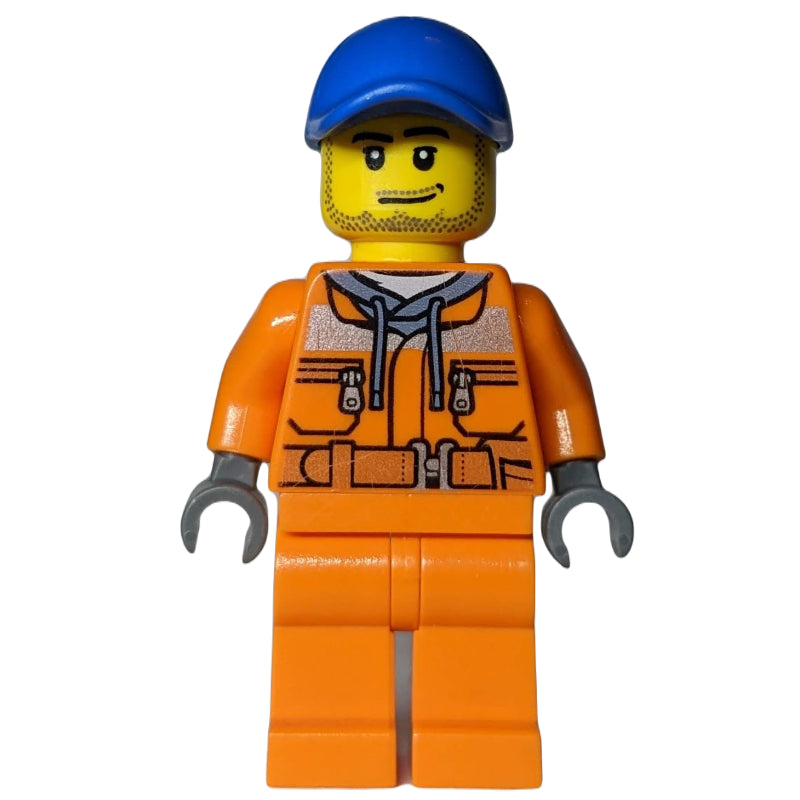 fig-009544 – Construction Worker, Safety Jacket over Hoodie with Belt, Orange Legs, Blue Cap, Stubble