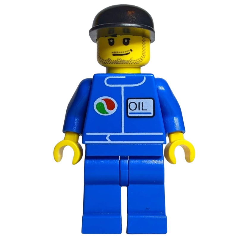 fig-009545 – Man, Blue Jumpsuit with Octan Logo, Black Cap, Stubble