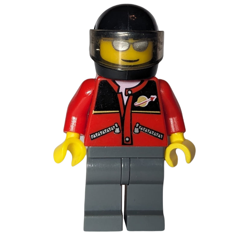 fig-009546 – Man, Red Jacket with Classic Space Logo, Black Helmet with Visor, Silver Sunglasses