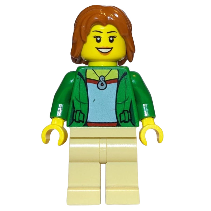 fig-009548 – Woman, Open Green Jacket with Necklace, Dark Orange Hair