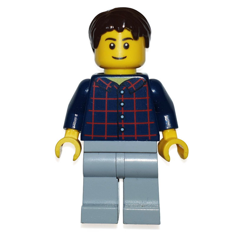 fig-009549 – Man, Dark Blue Plaid Shirt, Light Bluish Gray Legs, Dark Brown Hair