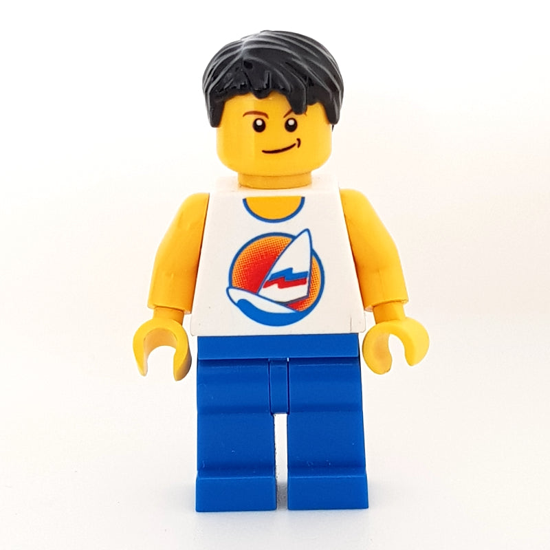 fig-009550 – Man, White Tank Top with Windsurfer, Blue Legs, Black Hair