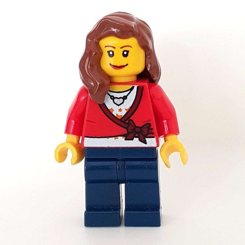 fig-009551 – Woman, Cardigan Tied with Bow and Necklace, Dark Blue Legs, Reddish Brown Hair