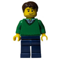 fig-009552 – Man, Green V-Neck Sweater, Dark Blue Legs, Dark Brown Hair, Stubble