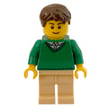 fig-009554 – Man, Green V-Neck Sweater, Tan Legs, Dark Brown Hair