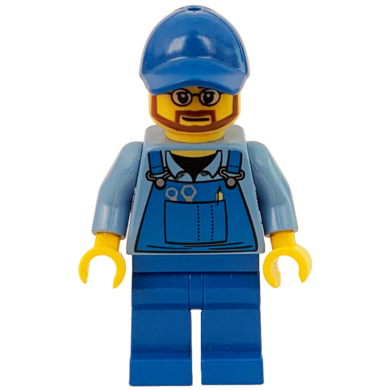 fig-009555 – Man, Blue Overalls over Shirt, Blue Legs, Blue Cap, Beard and Glasses