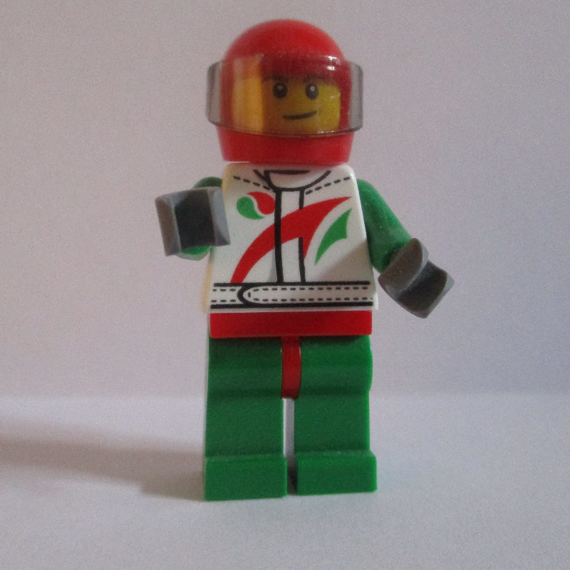 fig-009558 – Racer, White, Green, and Red Jumpsuit, Red Helmet with Visor