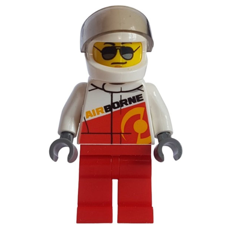 fig-009559 – Racer, Red and White Jumpsuit with 'AIRBORNE', White Helmet with Visor, Sunglasses