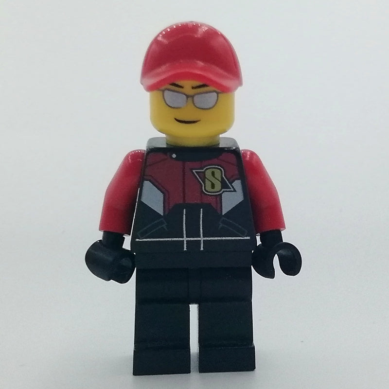 fig-009561 – Racer, Black and Red Jumpsuit, Red Cap, Silver Sunglasses