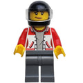 fig-009562 – Woman, Red and White Letterman Jacket, Dark Bluish Gray Legs, Black Helmet with Visor