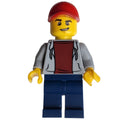 fig-009563 – Man, Open Light Bluish Gray Hoodie over Dark Red Shirt, Dark Blue Legs, Red Cap