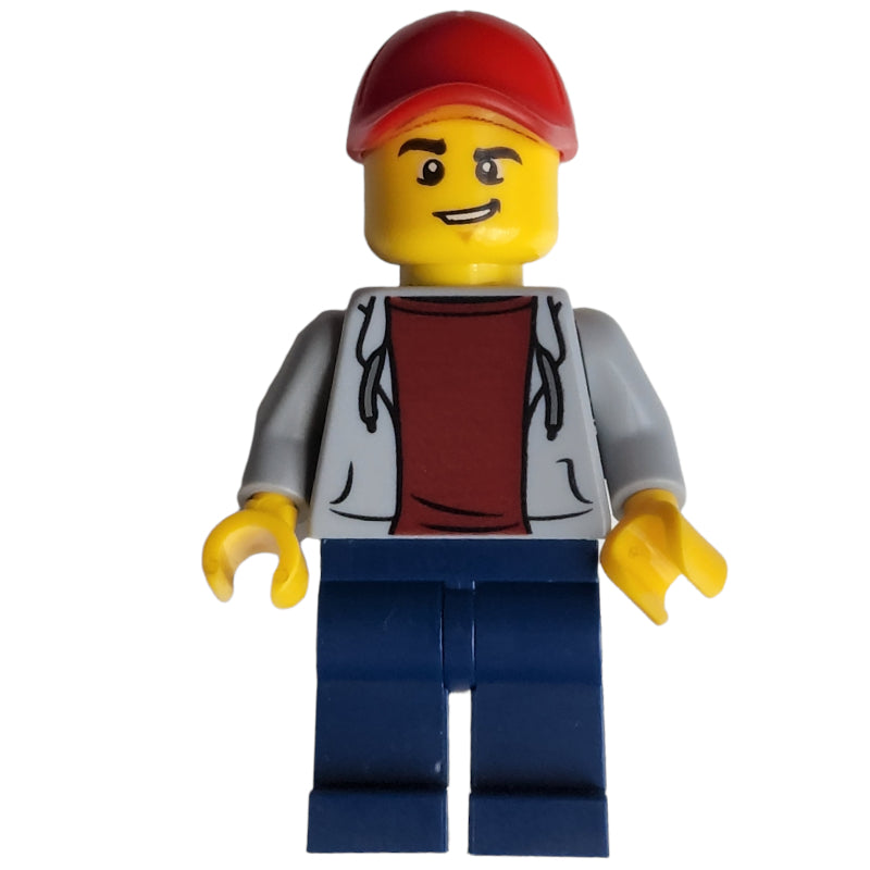 fig-009563 – Man, Open Light Bluish Gray Hoodie over Dark Red Shirt, Dark Blue Legs, Red Cap