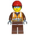 fig-009565 – Construction Worker, Woman, Orange Safety Vest with Zipper over Reddish Brown Shirt, Reddish Brown Legs, Red Hard Hat with Hair, Safety Glasses