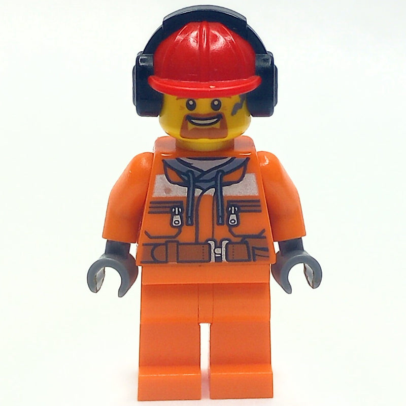 fig-009566 – Construction Worker, Safety Jacket over Hoodie with Belt, Orange Legs, Red Hard Hat with Ear Defenders, Goatee Beard