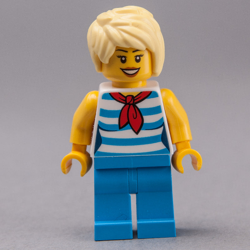 fig-009568 – Woman, White and Dark Azure Striped Tank Top with Red Neckerchief, Dark Azure Legs, Bright Light Yellow Hair