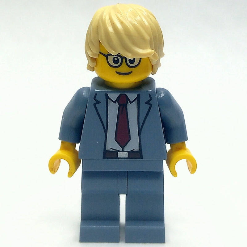 fig-009569 – Man, Sand Blue Suit with Red Tie, Tan Hair, Glasses