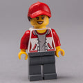 fig-009570 – Woman, Red and White Letterman Jacket, Dark Bluish Gray Legs, Red Cap with Hair