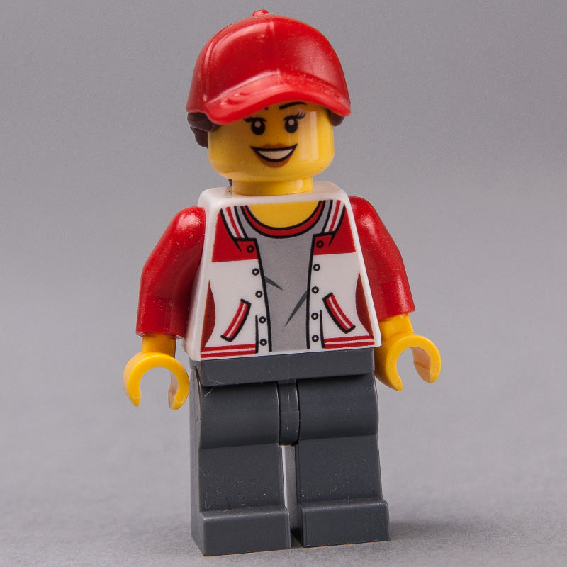 fig-009570 – Woman, Red and White Letterman Jacket, Dark Bluish Gray Legs, Red Cap with Hair