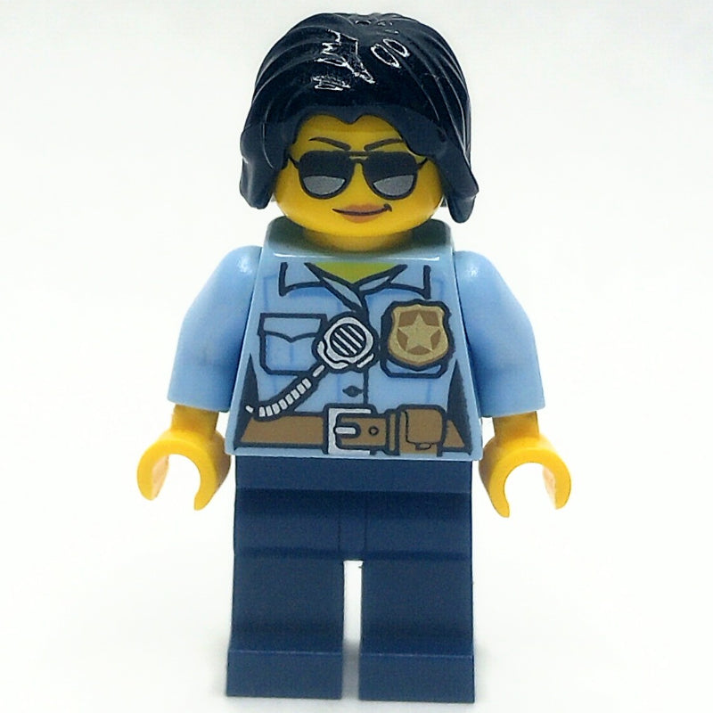 fig-009572 – Policewoman, Bright Light Blue Shirt with Radio and Badge, Dark Blue Legs, Black Hair, Sunglasses