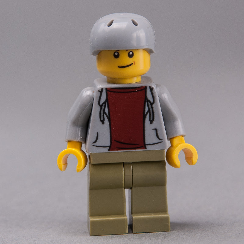 fig-009573 – Man, Open Light Bluish Gray Hoodie over Dark Red Shirt, Olive Green Legs, Light Bluish Gray Helmet