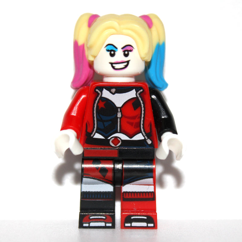fig-009579 – Harley Quinn in Black and Red Jester Outfit, Bright Light Yellow Hair with Magenta and Azure Highlights