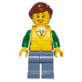 fig-009585 – Woman, Green and White Jacket with Zipper, Sand Blue Legs, Reddish Brown Hair, Yellow Life Vest