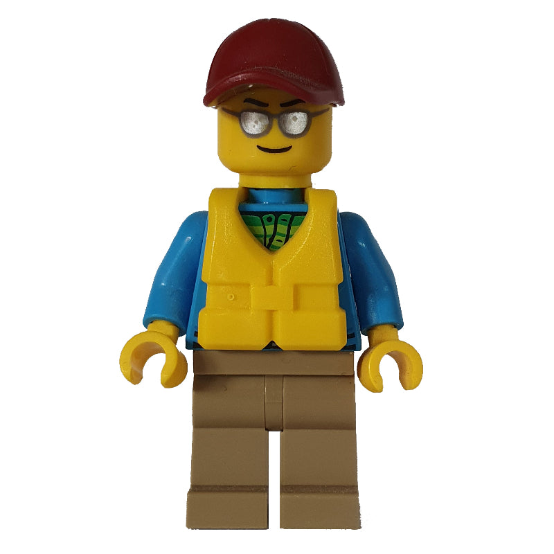 fig-009586 – Man, Open Dark Azure Hoodie over Lime Shirt, Dark Tan Legs, Dark Red Cap, Yellow Life Vest, Silver Sunglasses
