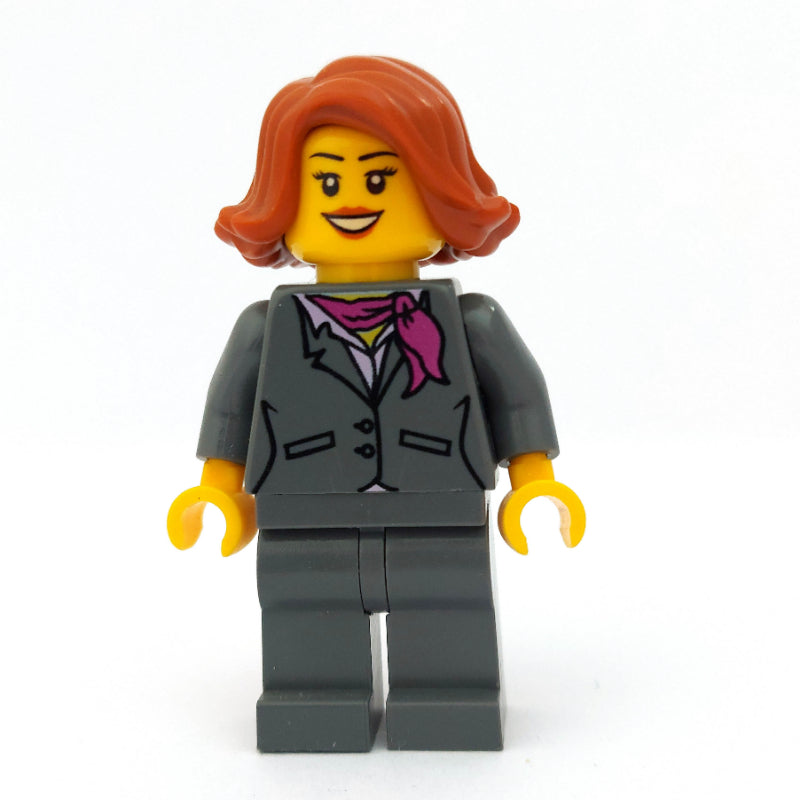 fig-009587 – Woman, Dark Bluish Gray Suit with Magenta Scarf, Dark Orange Hair