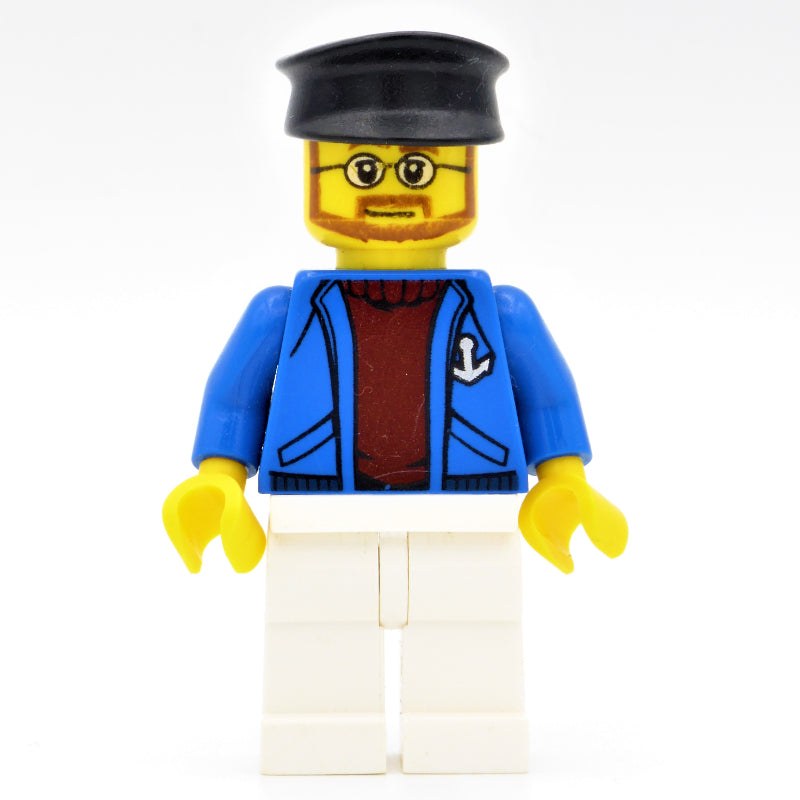 fig-009588 – Sailor, Open Blue Jacket with Anchor over Dark Red Sweater, White Legs, Black Hat, Beard and Glasses