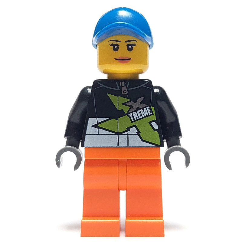 fig-009589 – Racer, Woman, Black Jacket with Extreme Team Logo, Orange Legs, Blue Cap