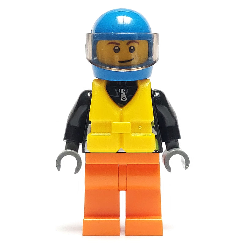 fig-009590 – Racer, Black Jacket with Extreme Team Logo, Orange Legs, Blue Helmet with Visor, Yellow Life Vest