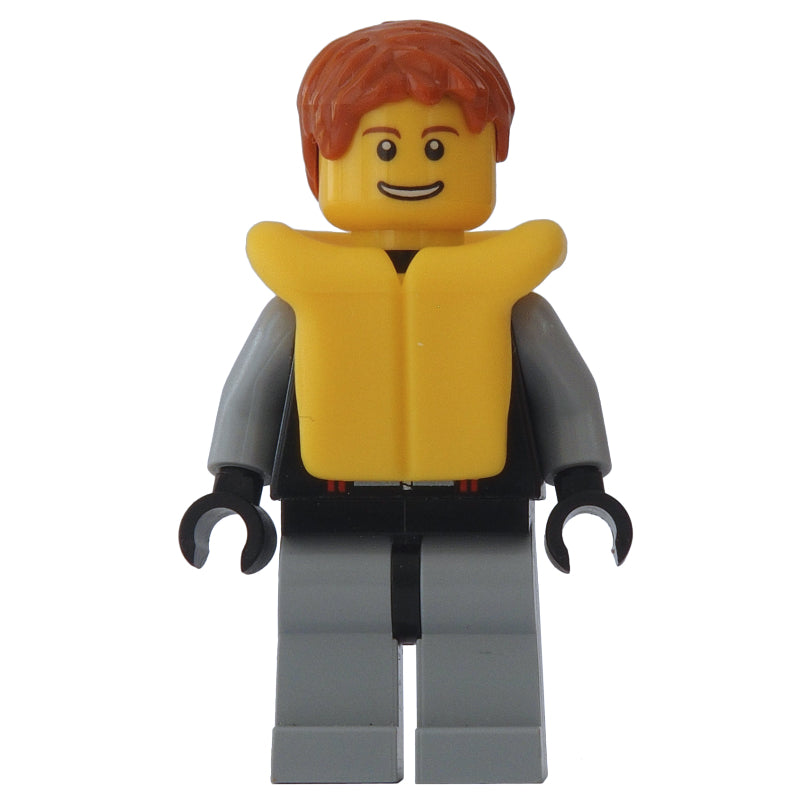 fig-009591 – Man, Black and Light Bluish Gray Wetsuit, Dark Orange Hair, Yellow Life Vest
