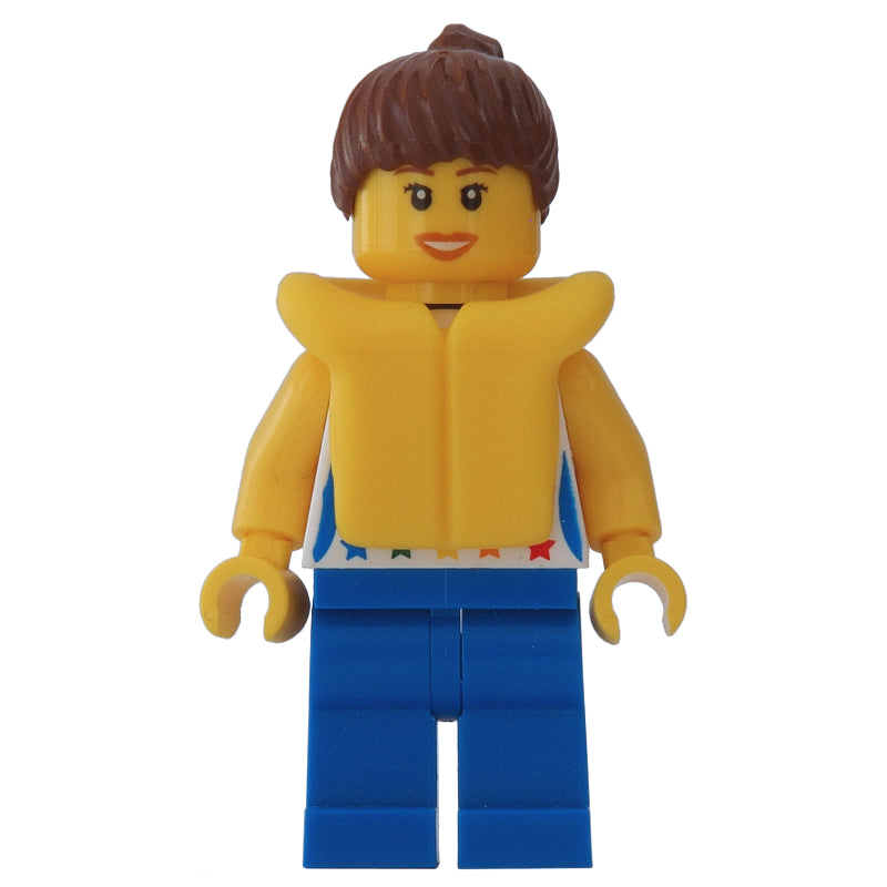 fig-009592 – Woman, White Vest with Stars, Blue Legs, Reddish Brown Hair, Yellow Life Vest