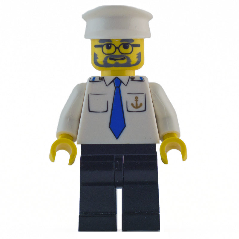 fig-009593 – Ship Captain, White Shirt with Anchor and Tie, Black Legs, White Hat, Beard and Glasses
