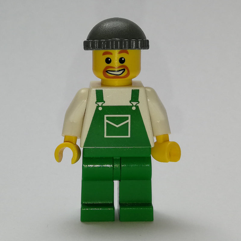 fig-009594 – Man, Green Overalls, Dark Bluish Gray Hat, Goatee Beard