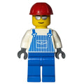 fig-009596 – Man, Blue and White Striped Overalls, Red Hard Hat, Silver Sunglasses