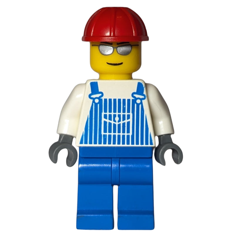 fig-009596 – Man, Blue and White Striped Overalls, Red Hard Hat, Silver Sunglasses