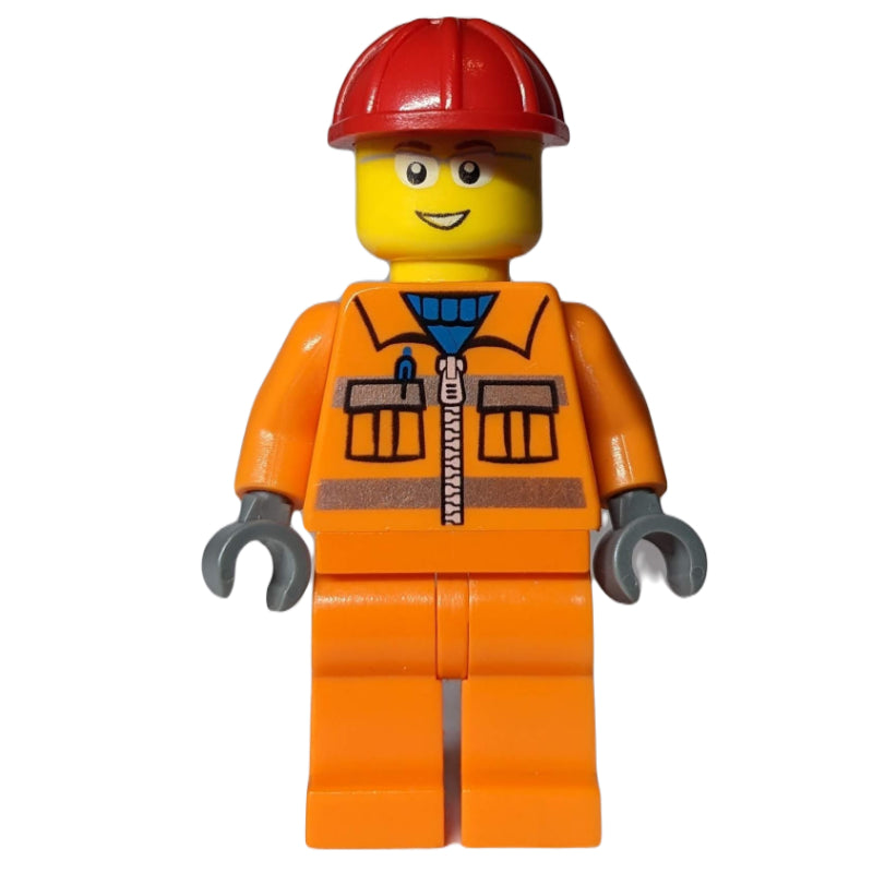 fig-009598 – Construction Worker, Orange Jacket with Zipper and Reflective Stripes, Red Hard Hat, Glasses