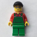 fig-009599 – Man, Green Overalls over Red Shirt, Black Cap, Glasses