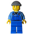 fig-009600 – Man, Blue Overalls over Shirt, Blue Legs, Dark Bluish Gray Hat, Stubble