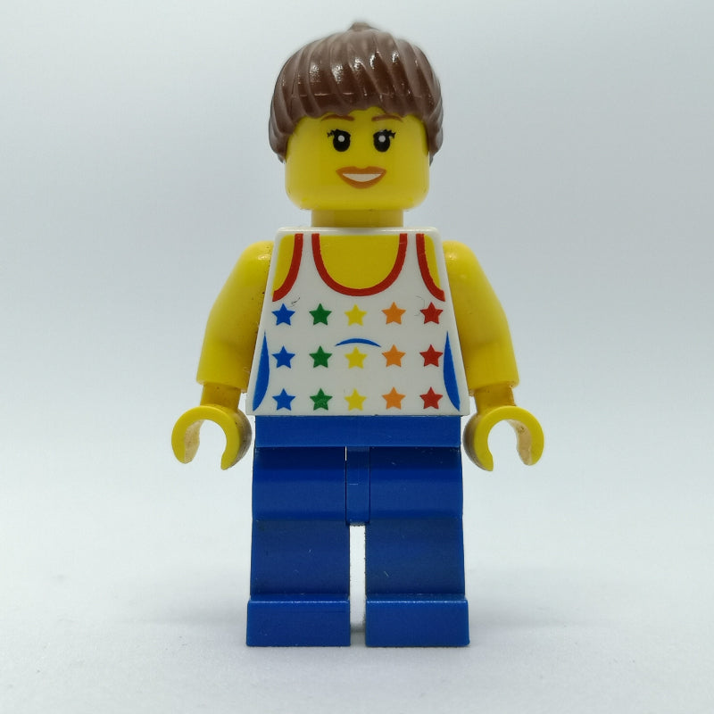 fig-009603 – Woman, White Vest with Stars, Blue Legs, Reddish Brown Hair