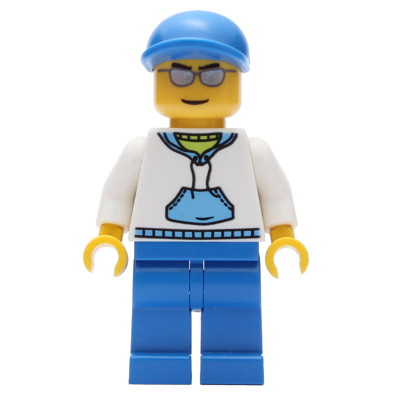 fig-009604 – Man, White and Blue Hoodie, Blue Legs, Blue Cap, Silver Sunglasses